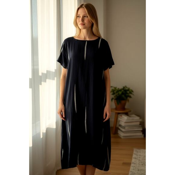 Uzi NYC Chai Dress Black Scratch Size M 100% Coarse Cotton with Wrinkle Effect - Picture 3 of 9